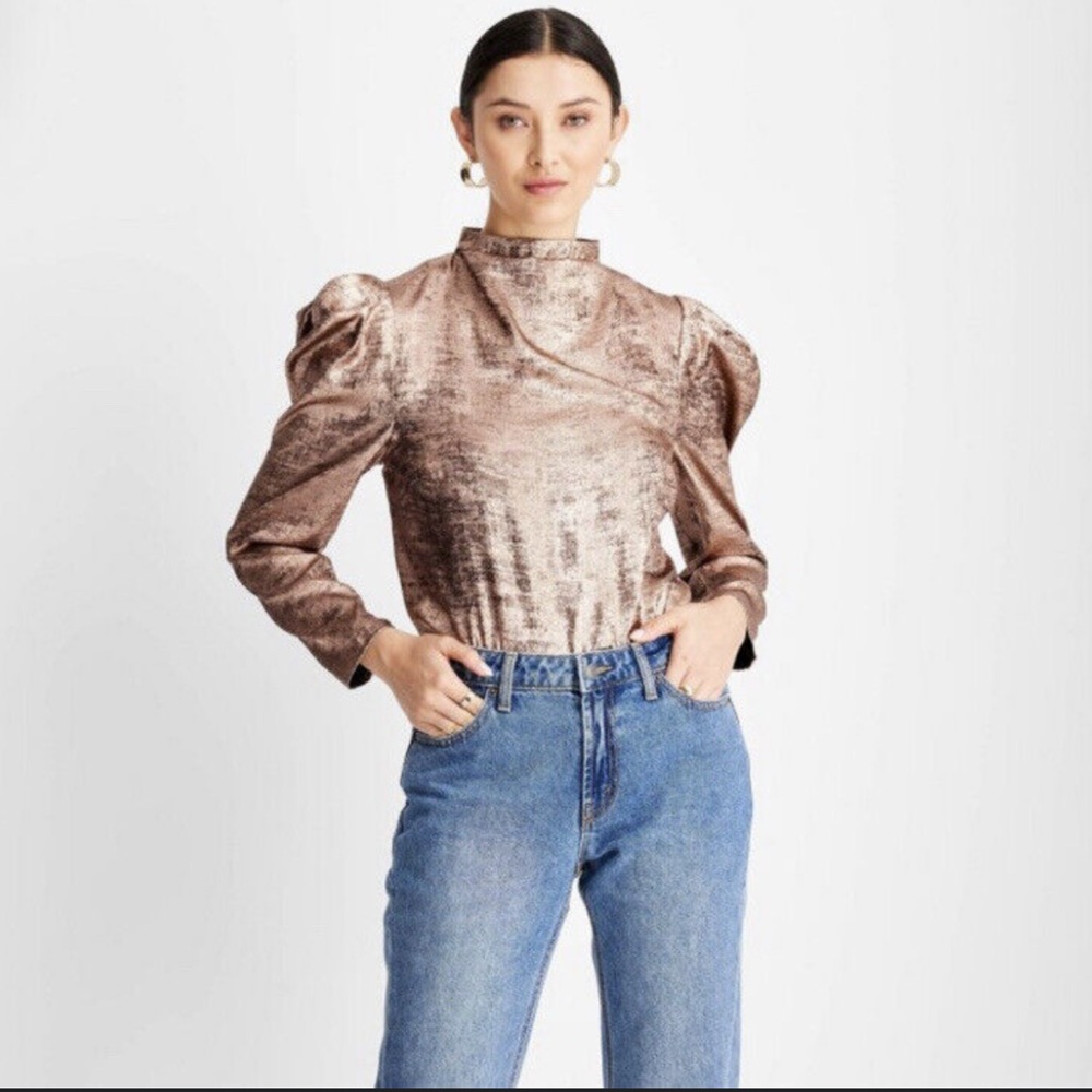 NWT FUTURE COLLECTIVE Kahlana Barfield Brown Puff Long Sleeve Blouse size Small